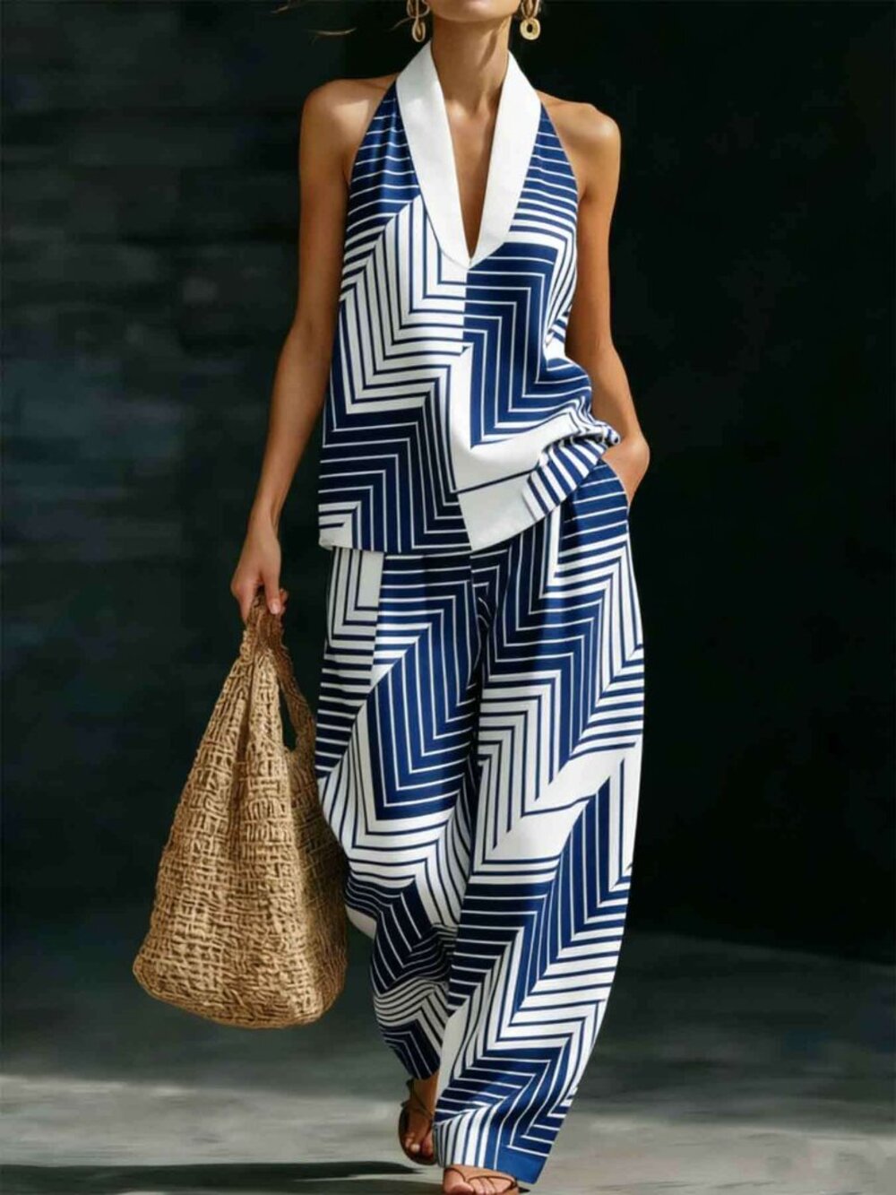 Blue & White Geometric 2-Piece Set Halter V-Neck Top  Wide-Leg Pants Chic Resort